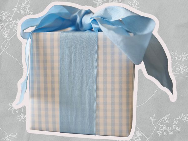 Collage of a wrapped gift on a gray background