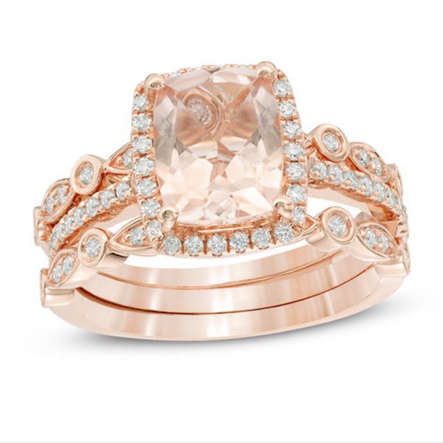 Zales Morganite and Diamond Frame Art Deco Three Piece Bridal Set