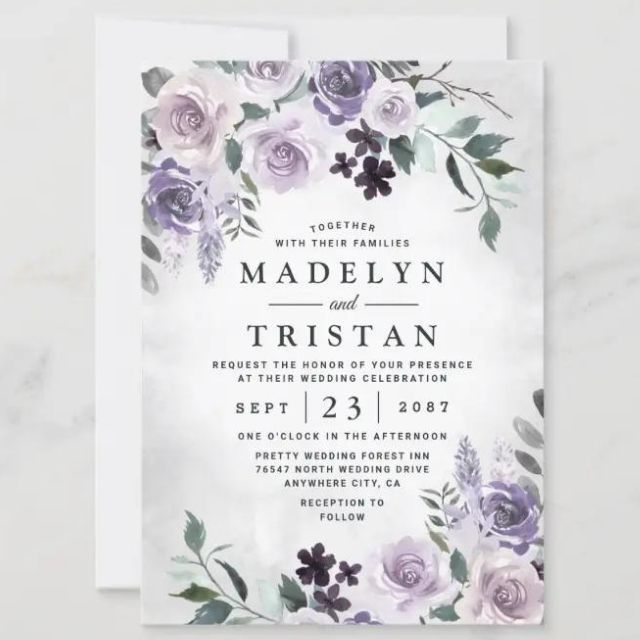 Zazzle Dusty Purple and Silver Gray Floral Wedding Invitation