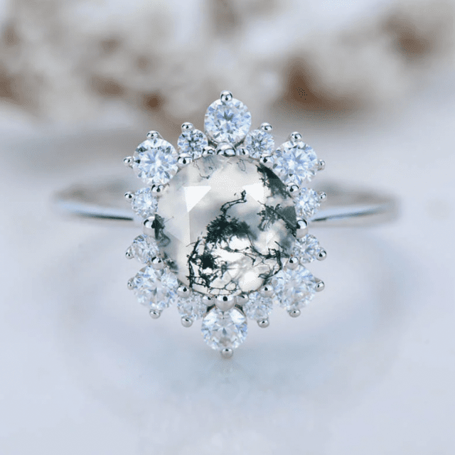Moss Agate Snowflake Halo Engagement Ring