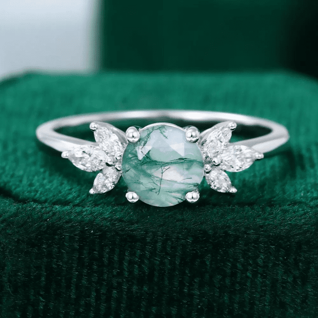 Round Cut Moss Agate Wedding Ring