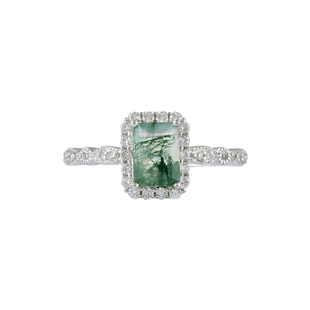 Lindsey Vintage Inspired Emerald Cut Moss Agate Ring