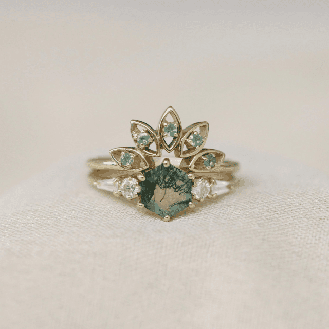 Bridal Set with Moss Agate, Diamonds and Alexandrite