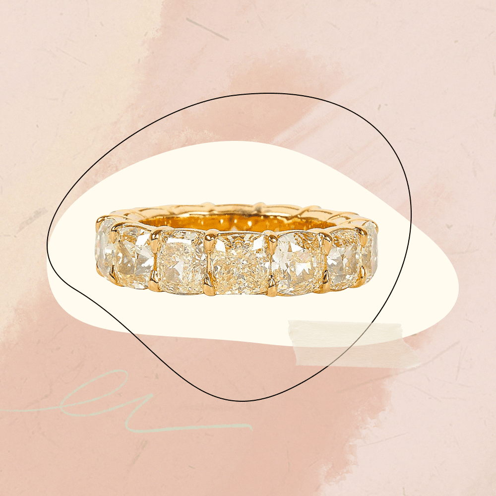 Collage of a gold wedding band with diamonds by BAILEY MARINER on a patterned pink background