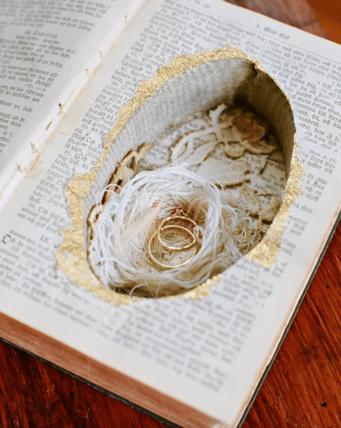 A book with a secret compartment that has two gold rings inside