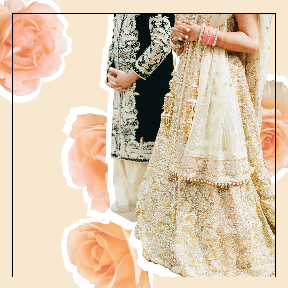 Bride and Groom in Traditional Indian Wedding Attire on Floral Background